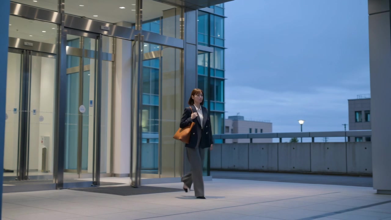Donna in blazer che cammina, lasciando il lavoro dopo che la porta gira sulla terrazza, tenendo una borsa tote marrone, con spazio per il testo.