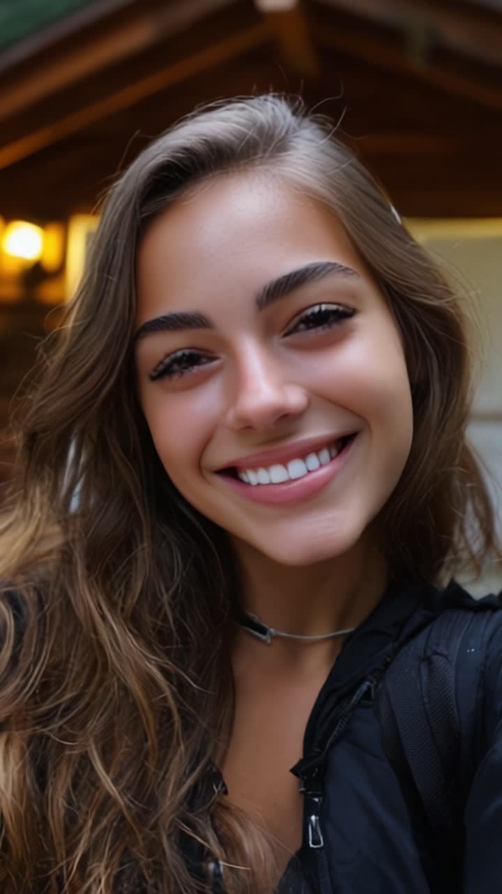 Un retrato alegre de una mujer joven sonriendo radiantemente al aire libre con luz natural y un fondo cálido que invita a la felicidad y la positividad.