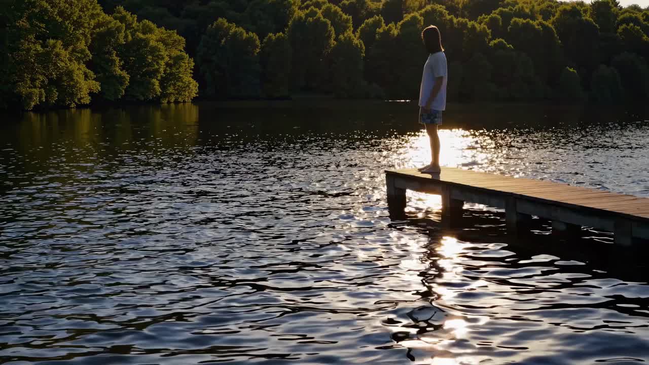 Silhouette of a person standing on a dock at sunset, captured from a low angle