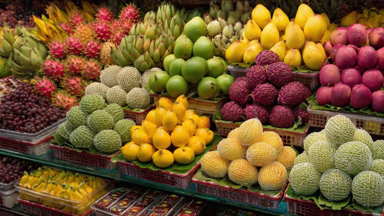Una variopinta esposizione di frutta esotica fresca presso un banco del mercato con meloni, litchi, mele e frutti del drago dai colori vivaci disposti in composizioni lussureggianti