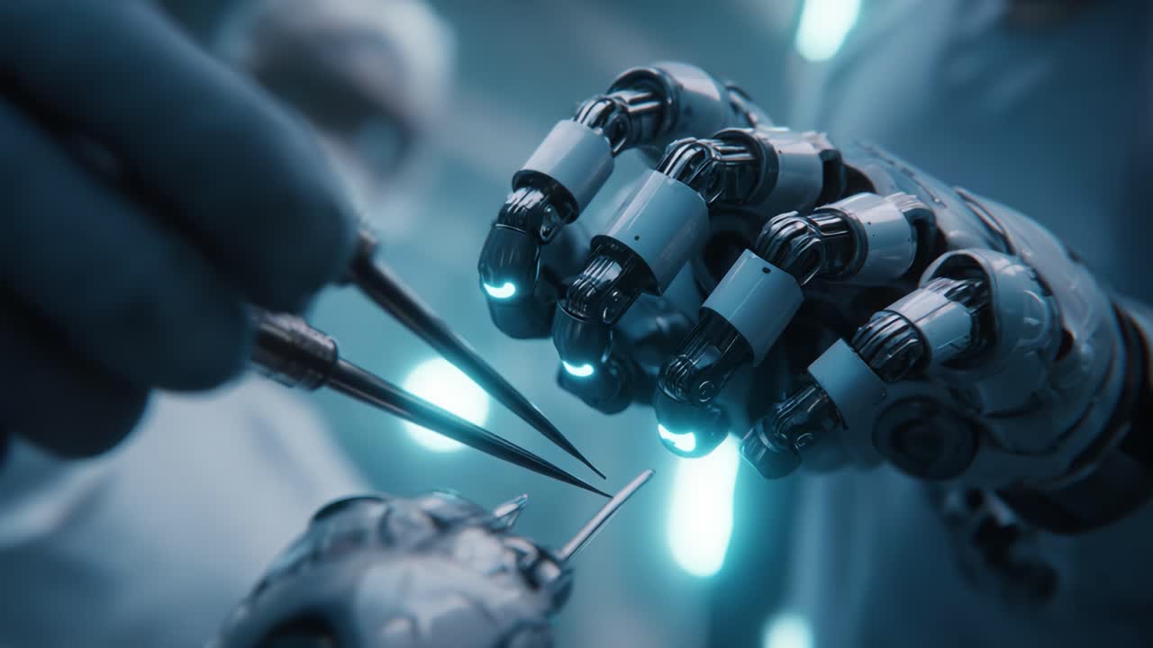 A Close-Up View of Advanced Robotics: Surgical Precision in Action with Futuristic Robotic Hands Utilizing Specialized Instruments for Intricate Procedures