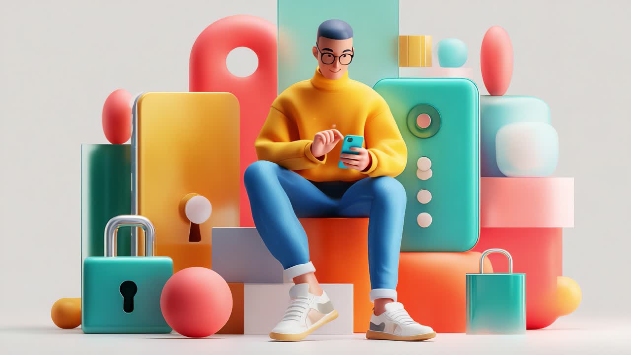 A modern digital enthusiast interacts with his smartphone amidst a vibrant arrangement of playful geometric shapes and colorful blocks, showcasing a blend of technology and art