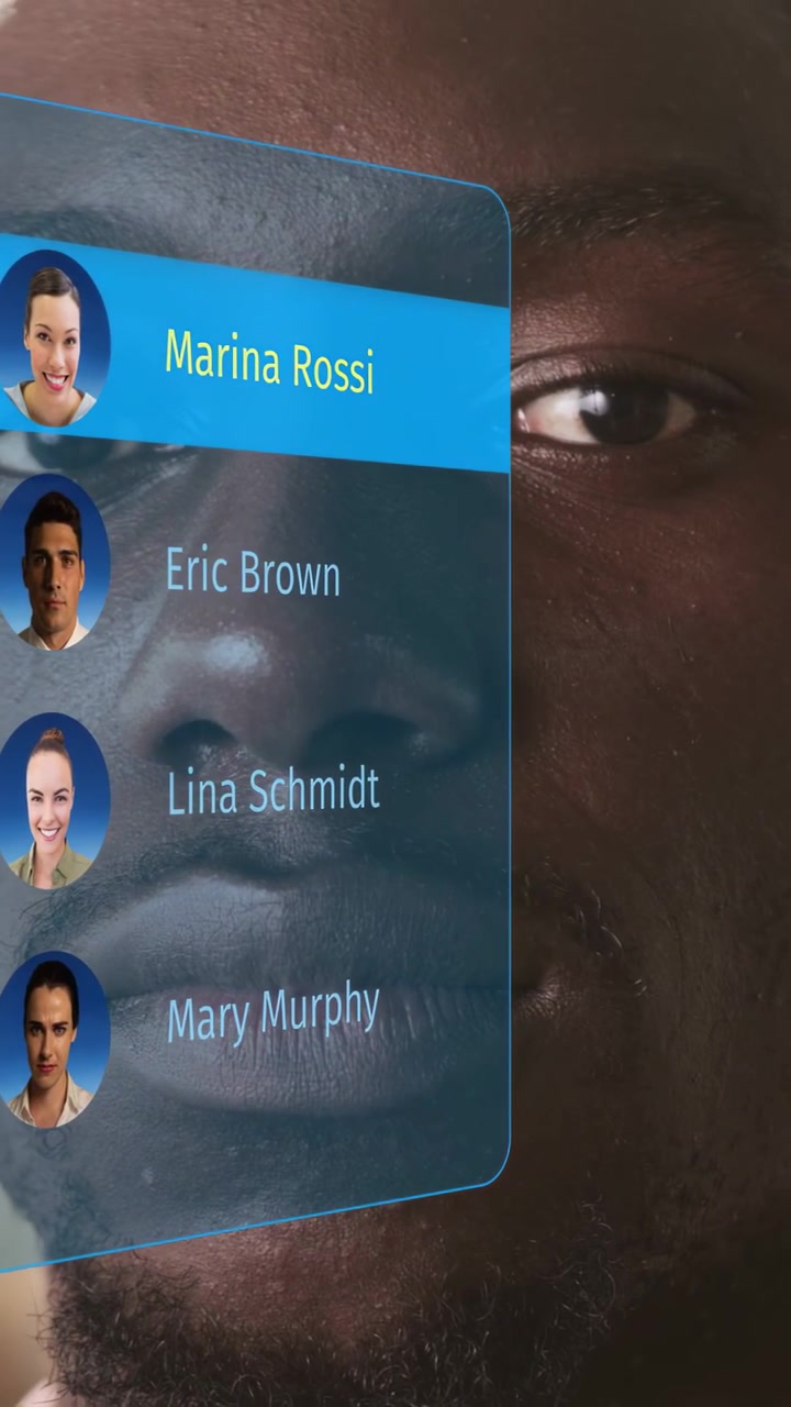 Man gazing while holo contacts appearing on right face, scrolling and choosing contacts for calling