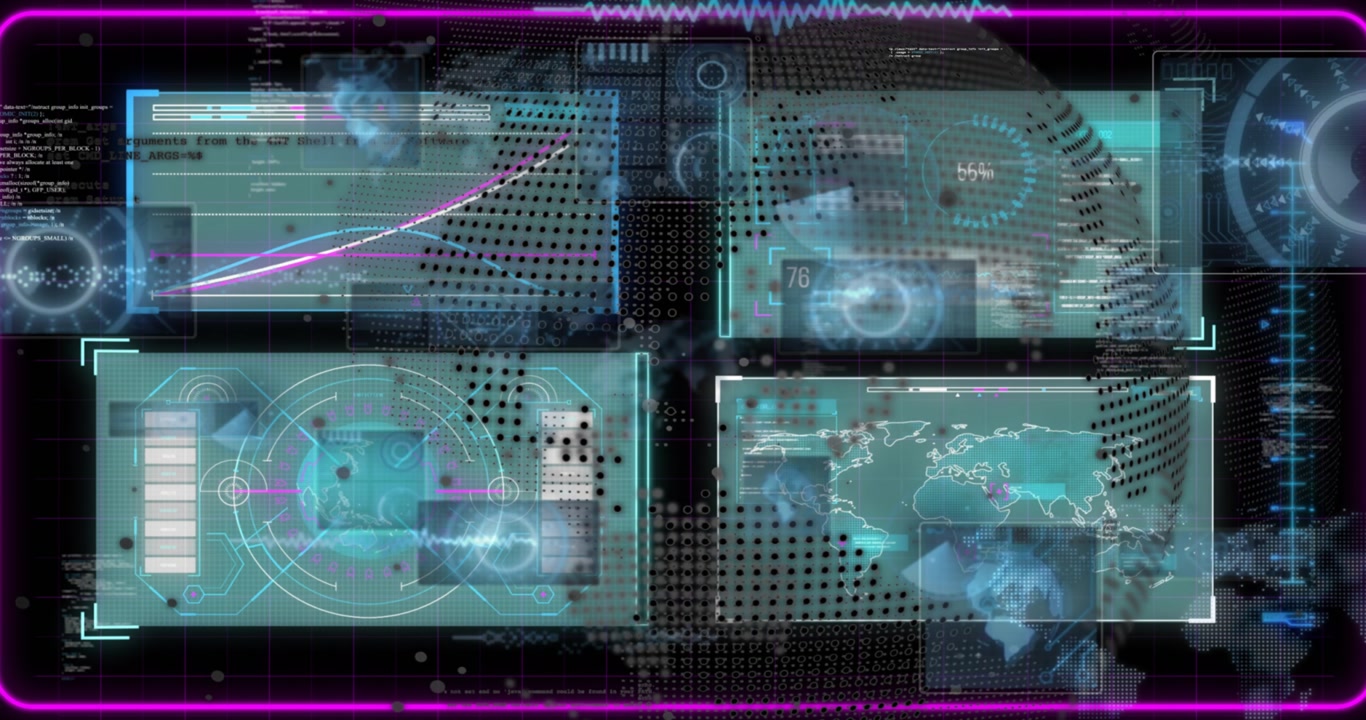 Revealing dark tech backdrop four teal panels animating graph radar globe map visualizing analytics