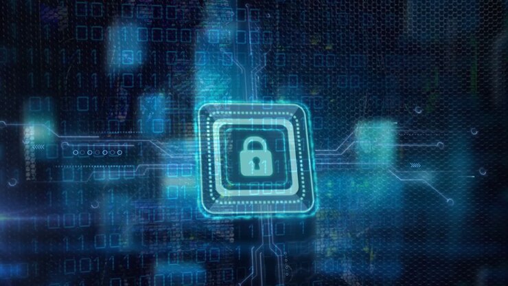 Animation of padlock icon over computer circuit board and data processing