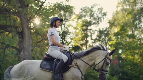 it's walk in nature. professional horsewomen is riding on her horse.