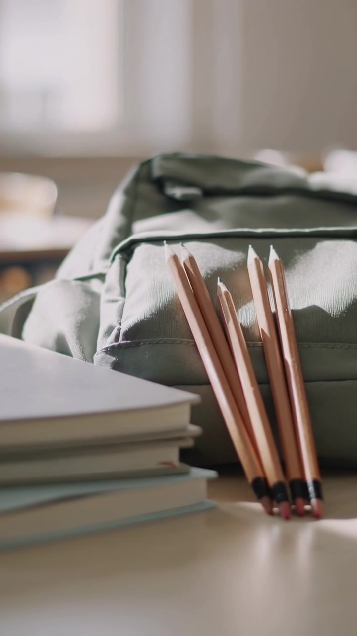 Vertical video: Shifting camera focusing pencils and backpack on classroom desk, showing notebooks