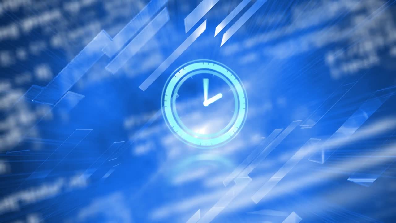 Animation of moving clock and data processing over blue shapes on black background