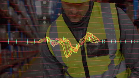 animación del procesamiento de datos financieros sobre un trabajador caucásico en un almacén