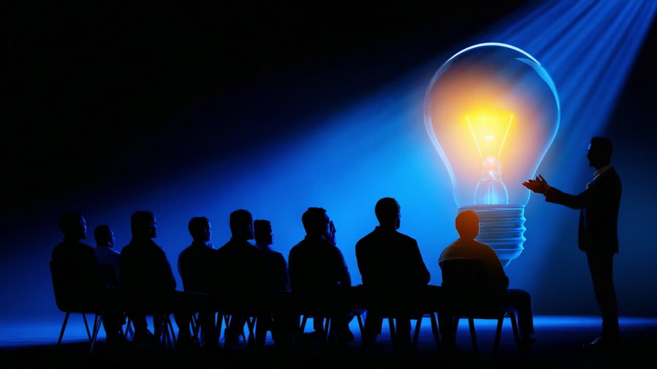 A Thought-Provoking Presentation Illuminated by a Giant Light Bulb, Capturing the Audience's Attention as Ideas Flow and Inspire New Perspectives on Innovative Concepts