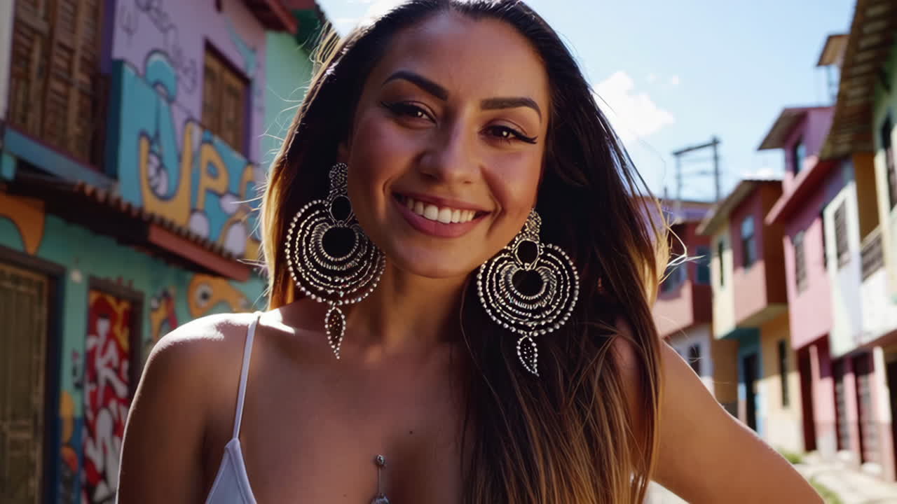 Smiling Woman in Colorful Street