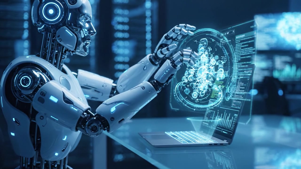 A futuristic humanoid robot engages with advanced data analytics on a laptop, showcasing artificial intelligence and digital interfaces in a high-tech environment.