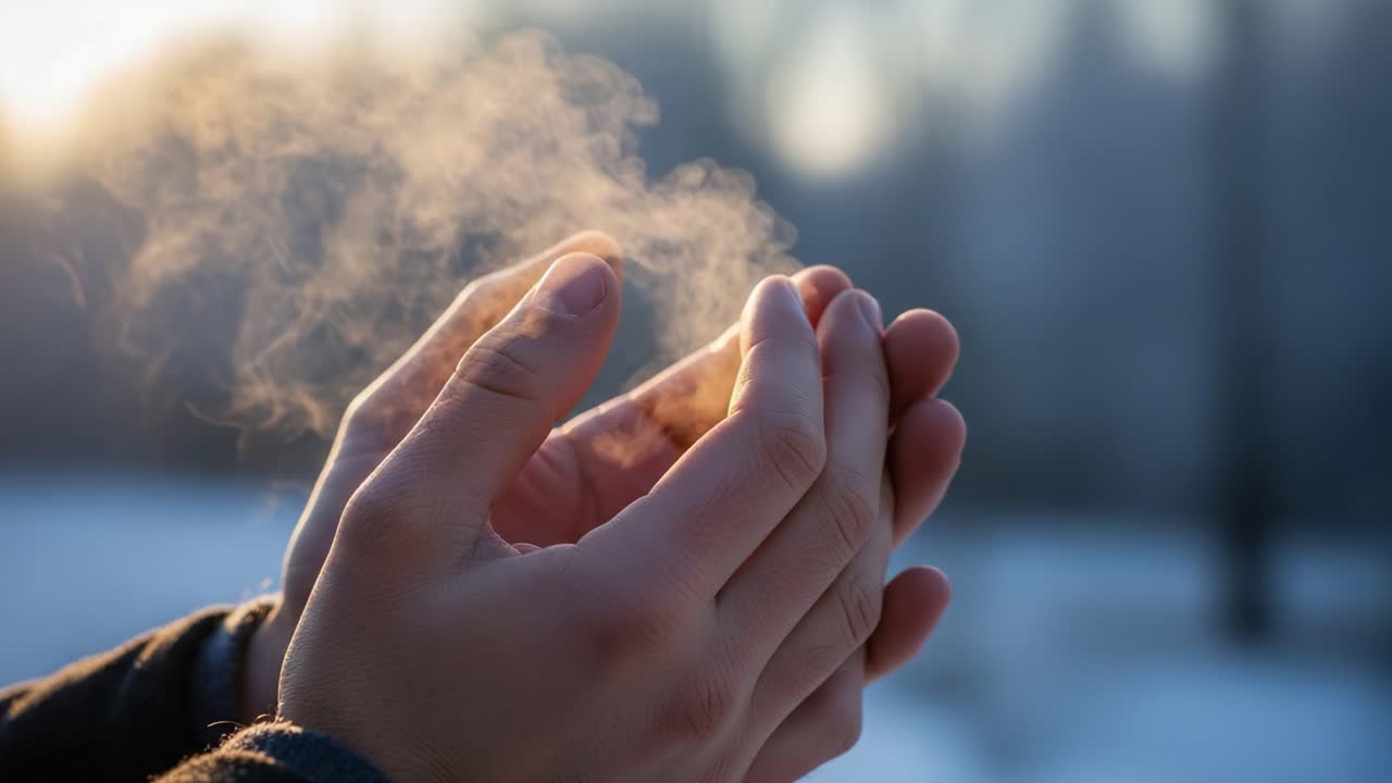 Capturing the Warmth: A Serene Moment of Handheld Heat Amidst a Chilly Background with Soft Mist Rising in the Early Morning Light