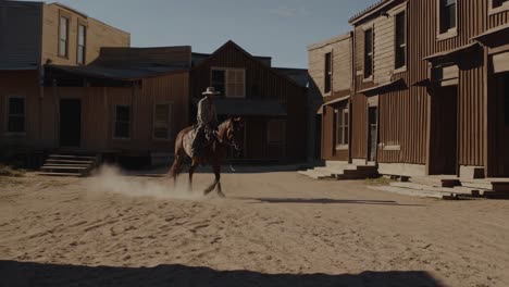 cowboy riding horse in old west town
