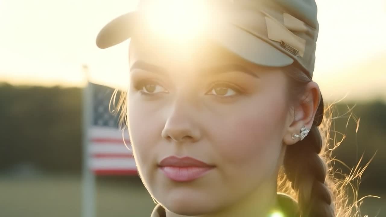 군복을 입은 여자가 미국 발 앞에 서 있다