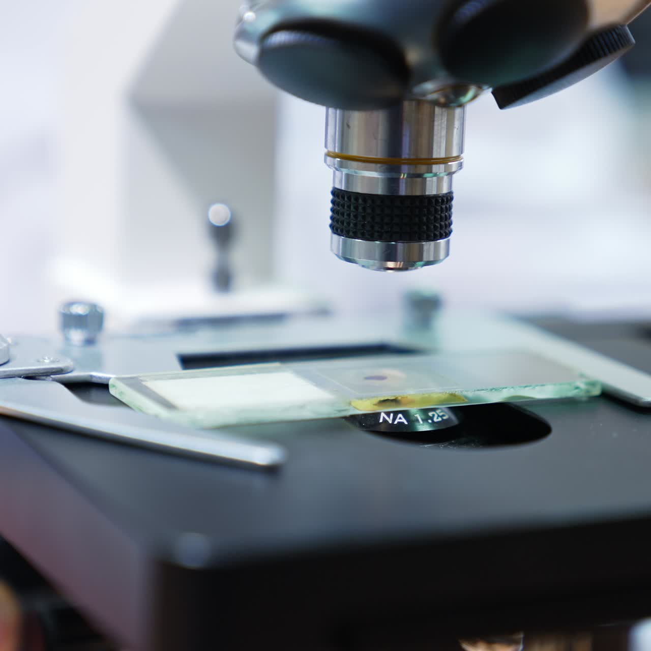 Laboratory hospital chemistry experiment. Close up view of microscope researching