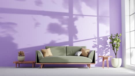 modern apartment living room with couch and shadows clouds on the purple sky wall by gently summer wind breeze rendering animation architecture interior design concept