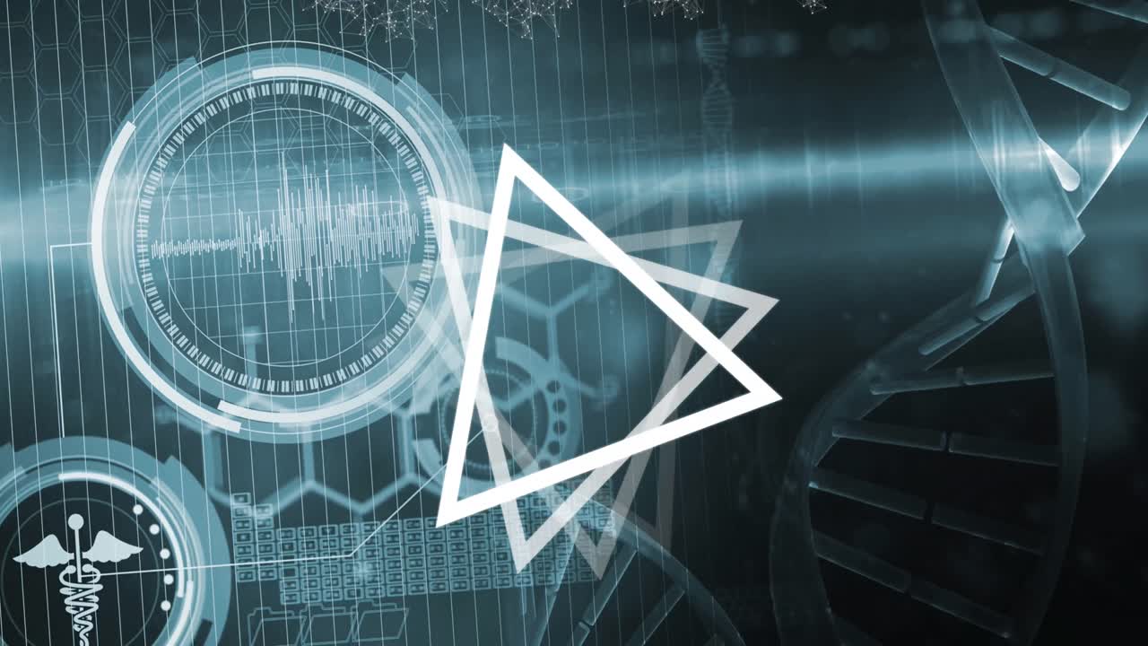 animación de triángulos y hilos de adn girando con procesamiento de datos