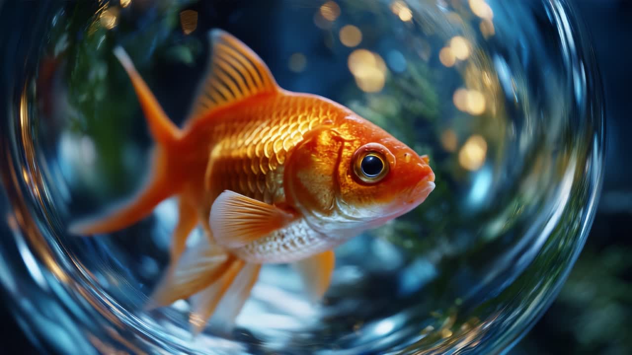 Un maestoso pesce rosso che nuota con grazia in una scintillante boccia di vetro, circondato da colorate piante acquatiche e luci soffuse e luminose che creano un'atmosfera serena