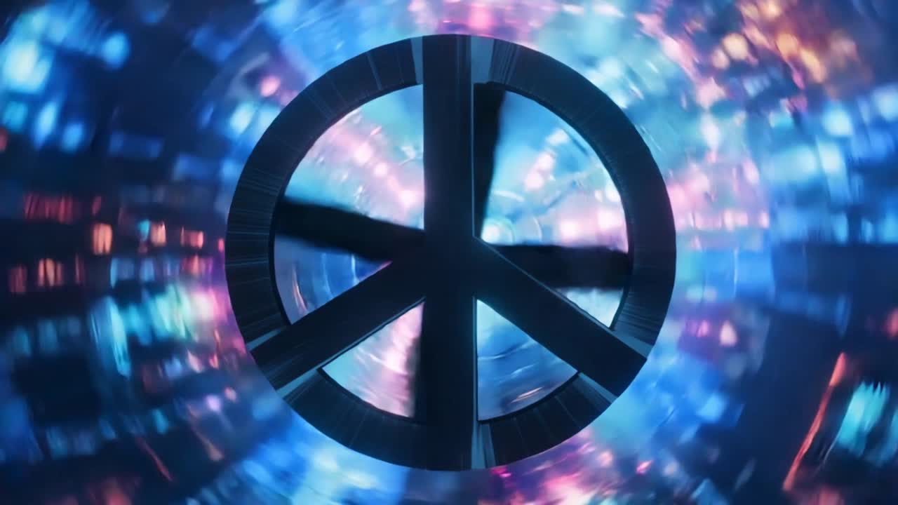 Luce pulsante muove un emblema circolare in metallo scuro con raggi che ruotano in senso orario in un tunnel di pixel sfocato.