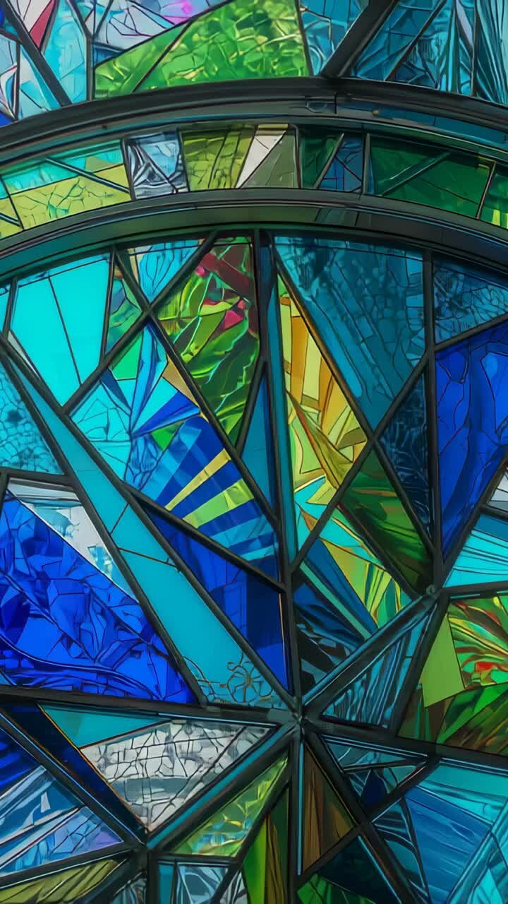 Vídeo vertical: câmera panorâmica revelando vitral em igreja, mostrando juntas de chumbo e faixas arqueadas