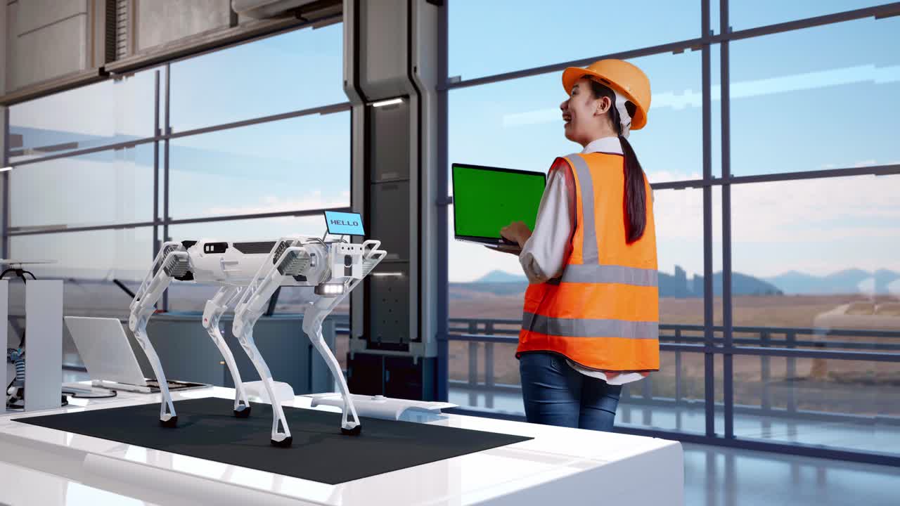 vista trasera completa del cuerpo de una ingeniera asiática con casco de seguridad trabajando en una computadora portátil de pantalla verde en una fábrica de alta tecnología, analizando el concepto de máquina robótica