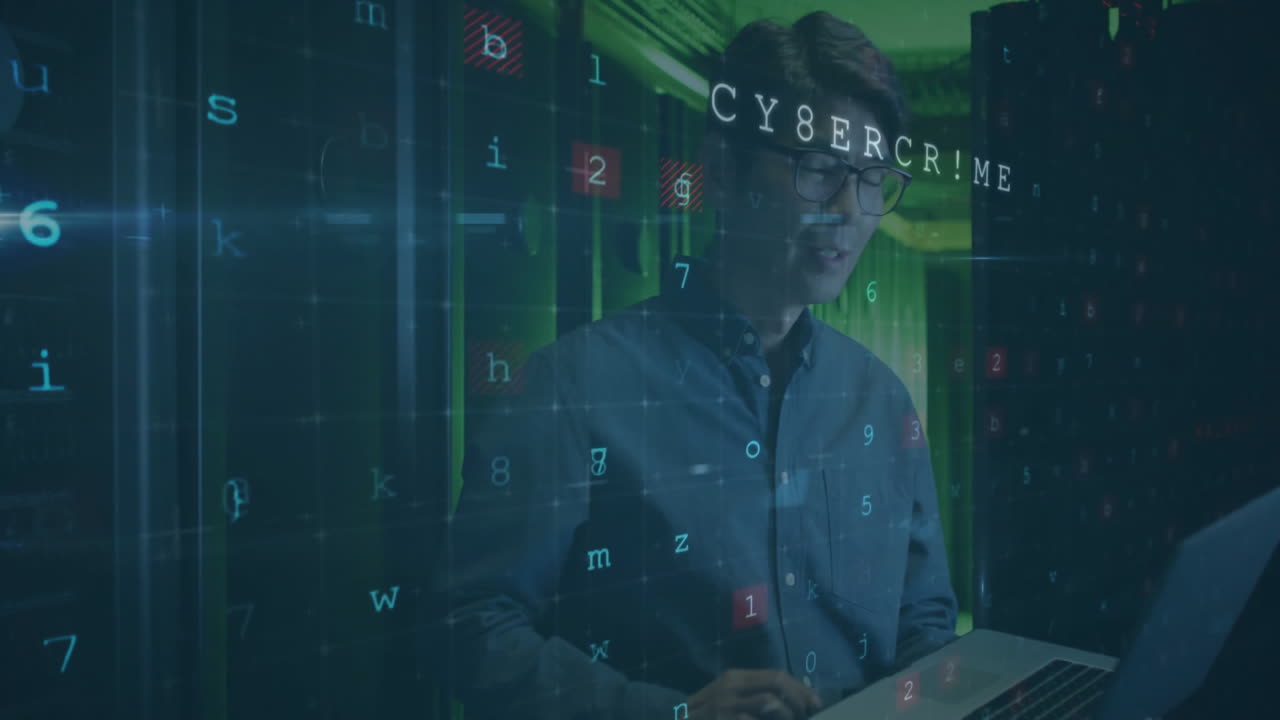 Animation of data processing with cyberattack warning over asian businessman in server room