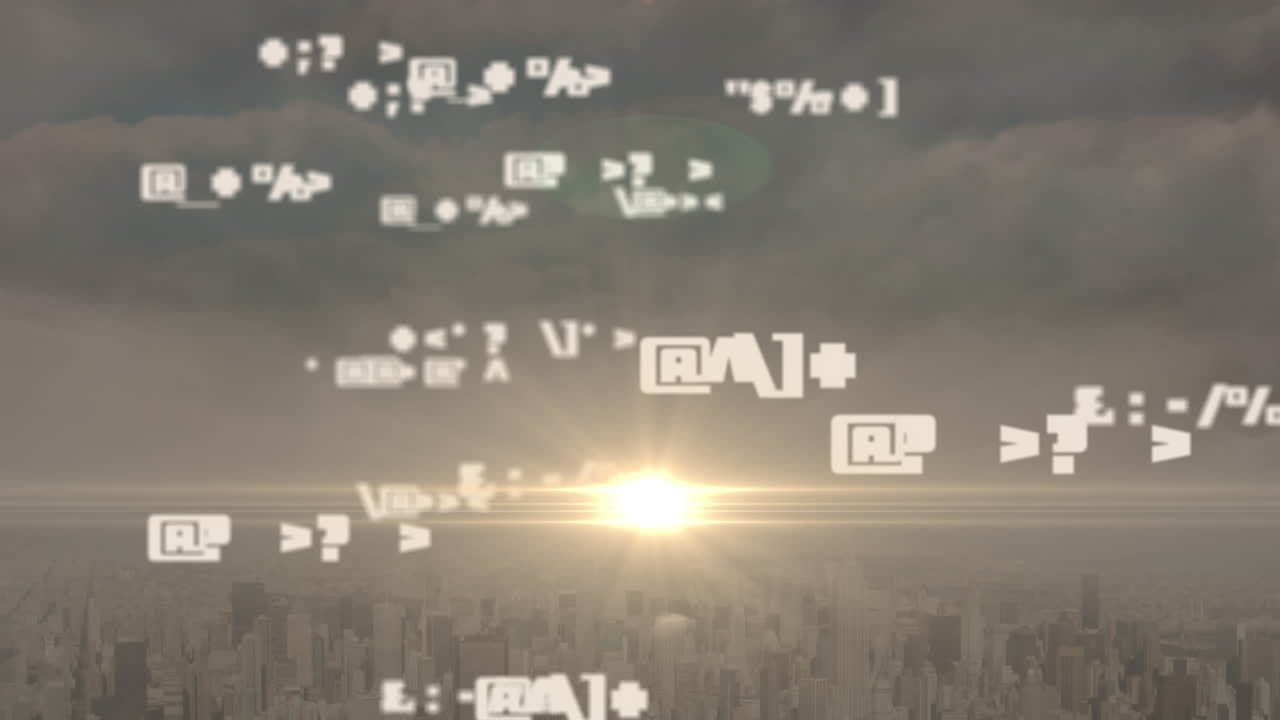 Animation of symbols and data processing over cityscape