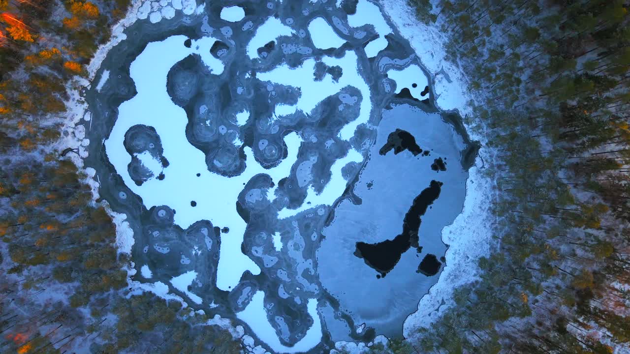 Overhead orbiting view, frozen pond surface, swamp, Winter weather