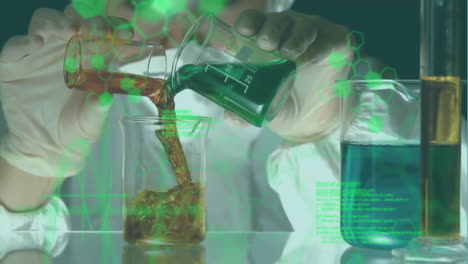 animation of data processing and chemical formula over caucasian female scientist with beakers