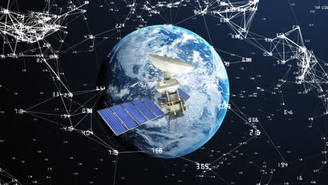 animación de satélite sobre el mundo y redes de conexiones sobre fondo negro