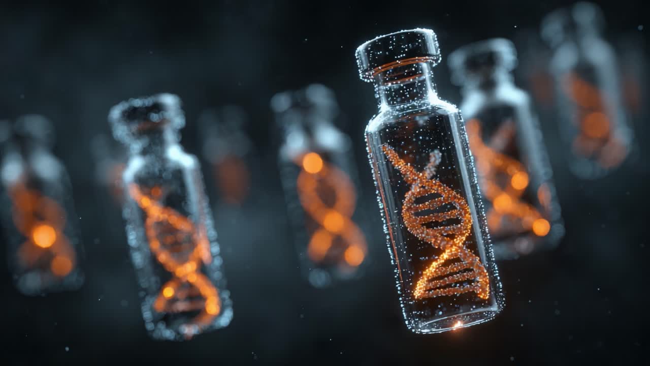 Un'immagine accattivante di fiale galleggianti contenenti eliche di DNA arancione brillante, che evidenzia l'intersezione tra scienza, salute e innovazioni biotecnologiche.