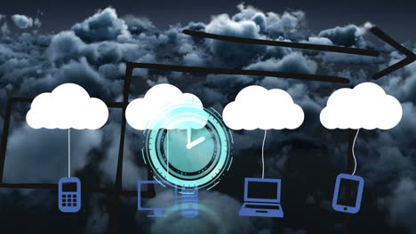 animación de iconos de nubes y reloj sobre cielo nublado