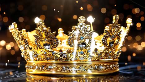 a gold crown on a black background with lights