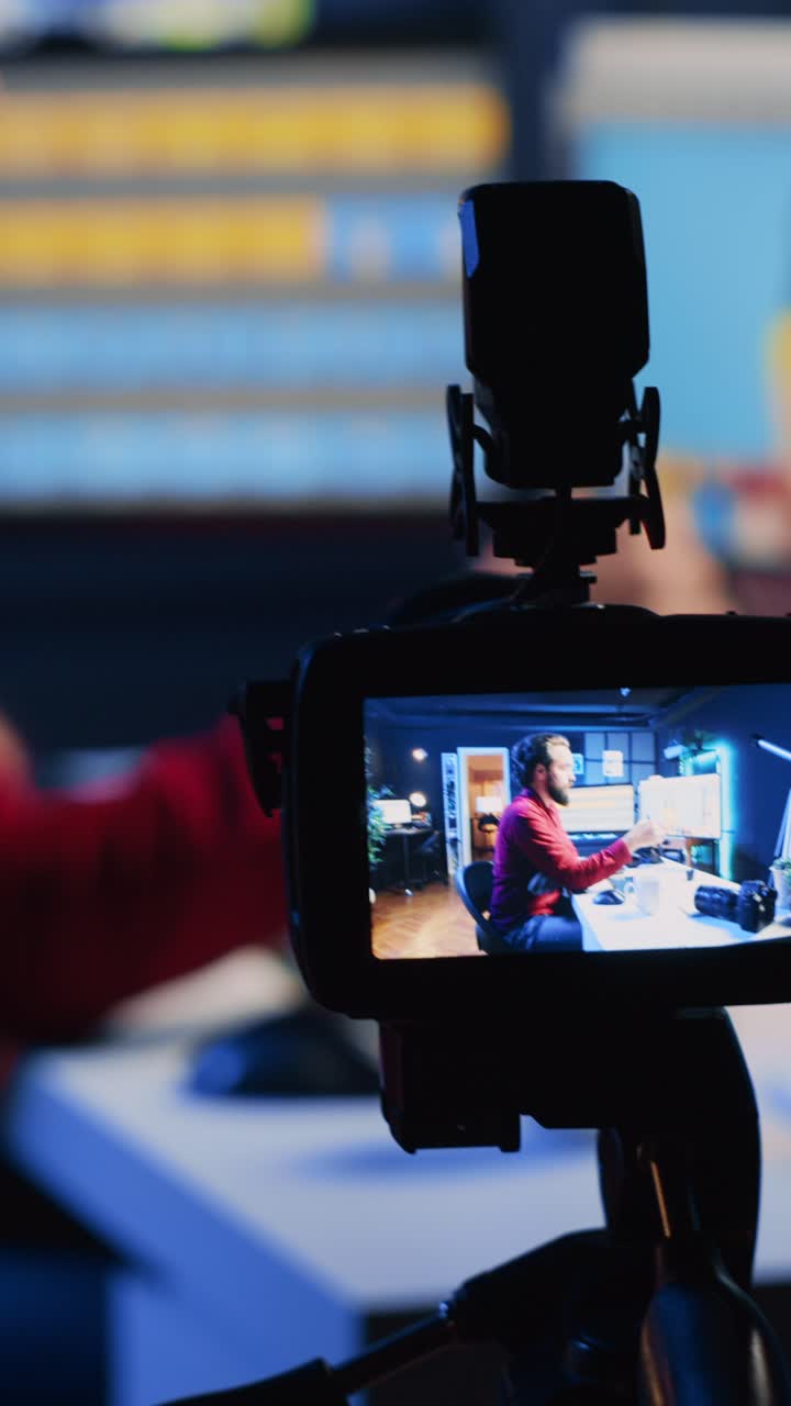 Vertical video Focus on camera recording photographer in blurry background presenting his work