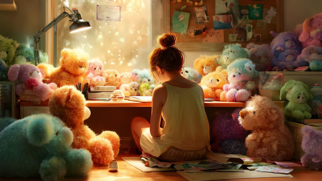 A young girl sits in a cozy, colorful room surrounded by fluffy teddy bears, deeply engaged in her creative activities while the sunlight streams through the window