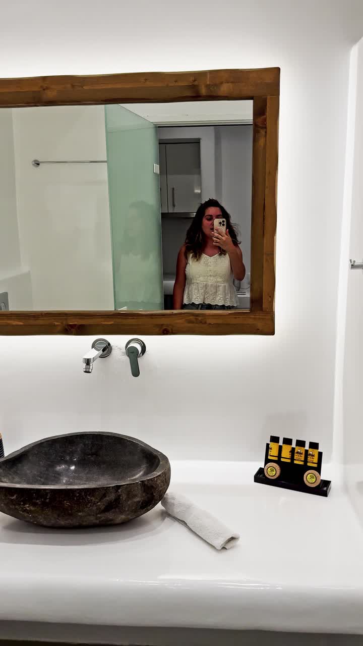 Woman's Santorini Hotel Bathroom Selfie, Chic Design