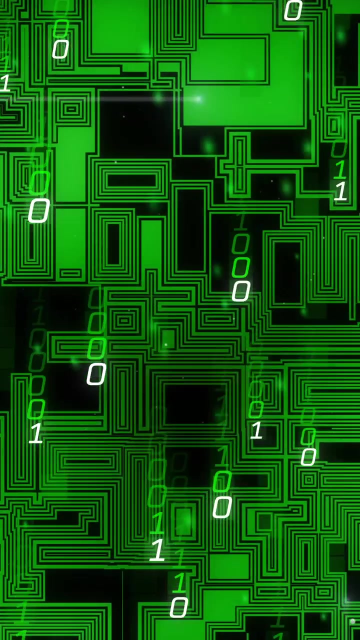Animation of digital data processing binary coding over circuit board