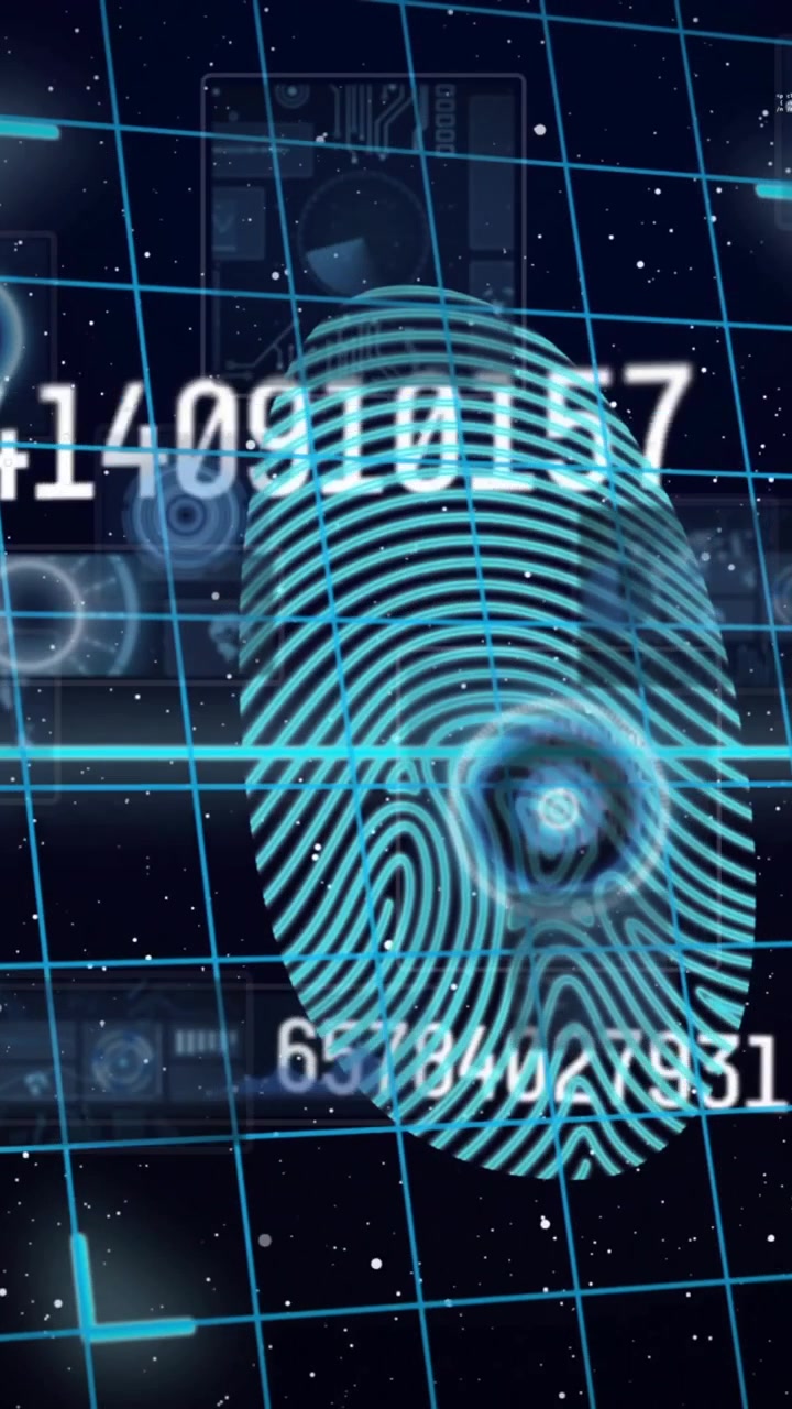 Animation of scanning with fingerprint and data processing on black background