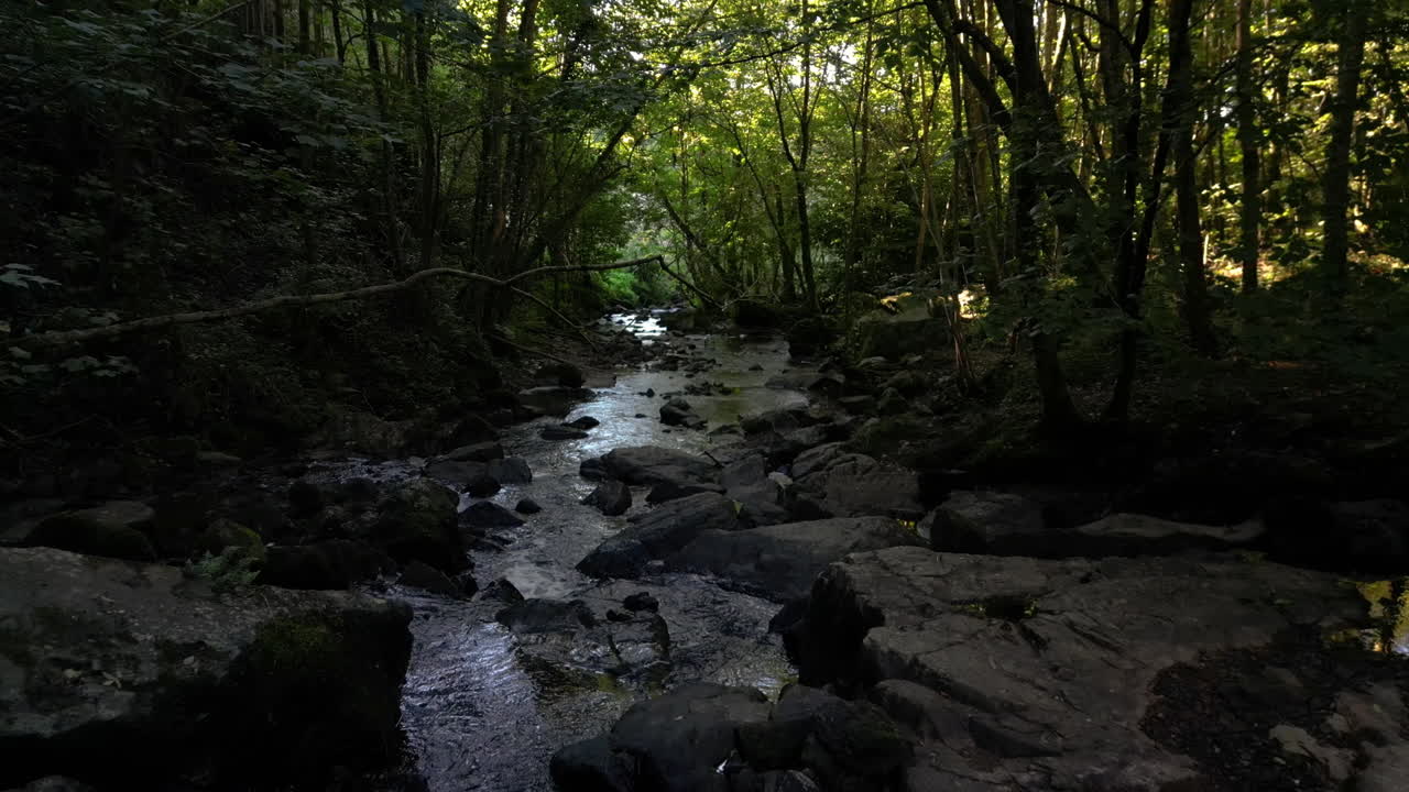 drone volando sobre rocas de arroyo cruzando bosque sombreado cerca de cascada mortain, manche en francia