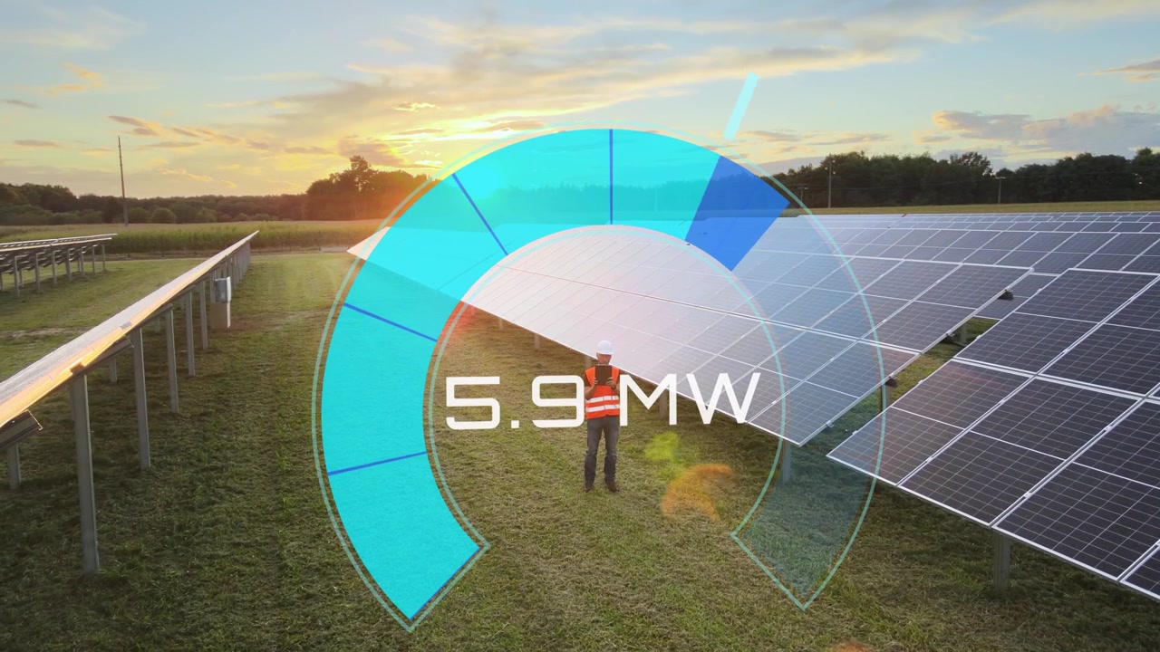 Aerial sunset view of Engineer inspecting a photovoltaic solar farm, overlaid with futuristic digital graphics displaying performance metrics and clean energy output