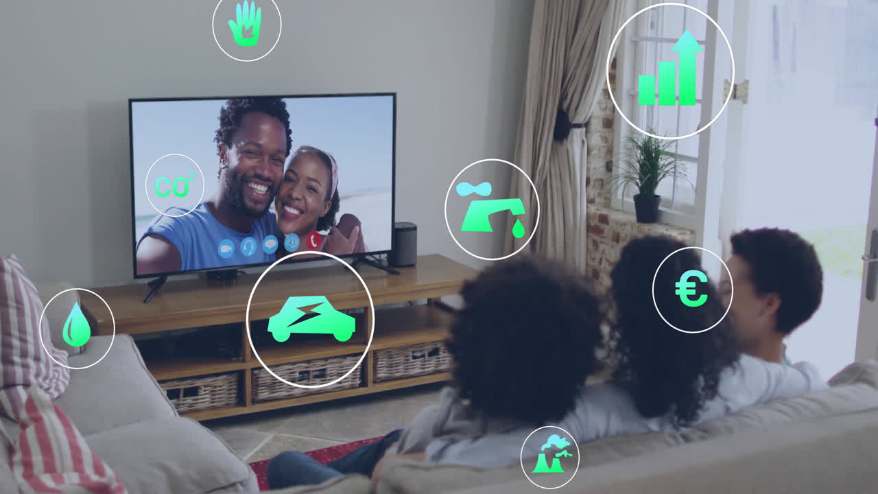 tv 시청, 에너지 및 환경 아이콘을 가진 가족, 거실 위의 애니메이션