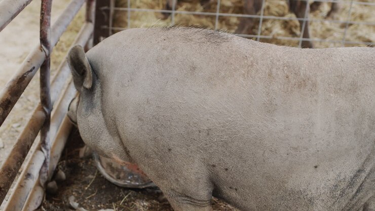 Un contadino accarezza il suo enorme verro grigio.