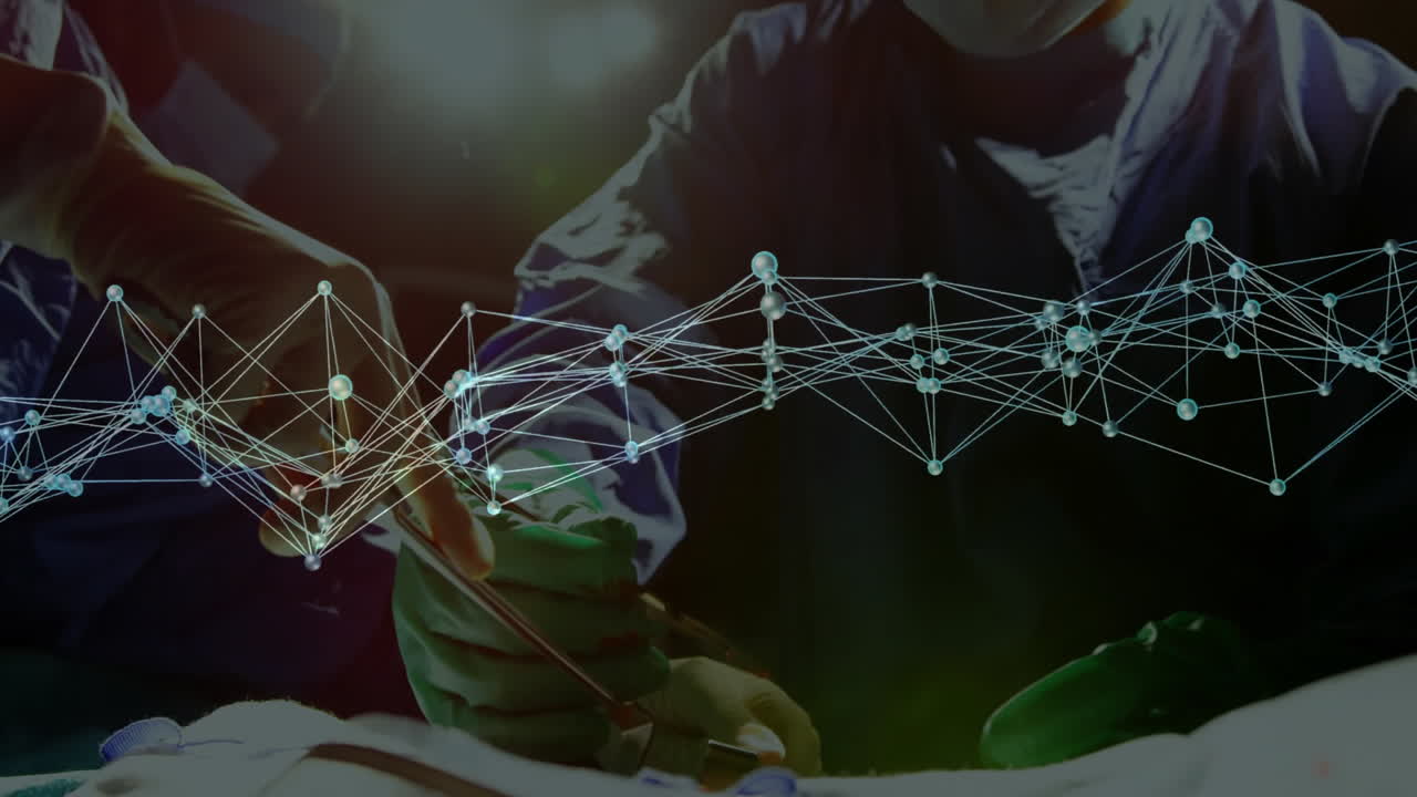 Surgical team using instruments on patient in operating room, displaying digital network overlay