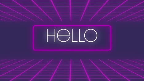 animation of neon hello text in frame with grid on purple background