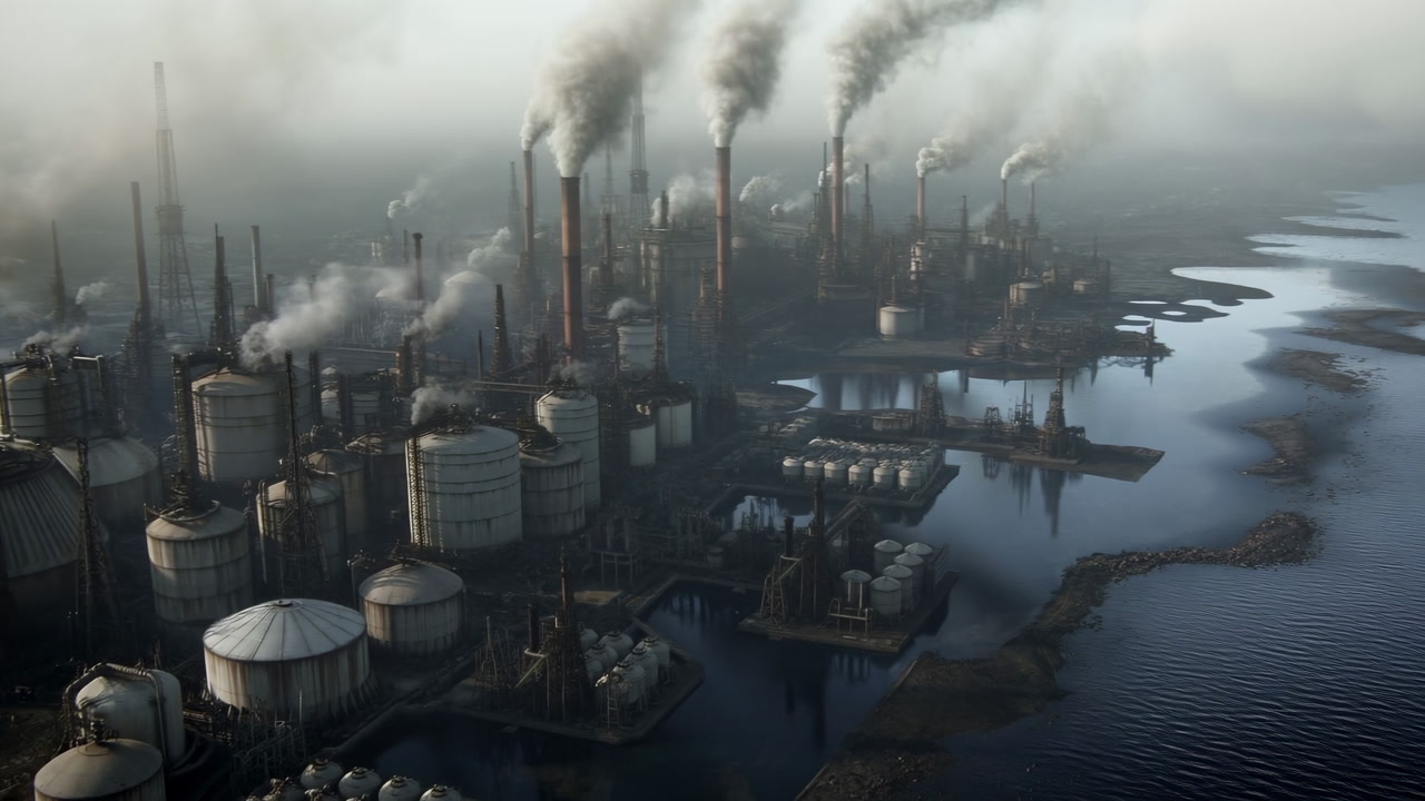 Industrial Refinery Complex By Water, Smoke Filled Skyline, Dense Chimneys Emitting Plumes, Storage Tanks