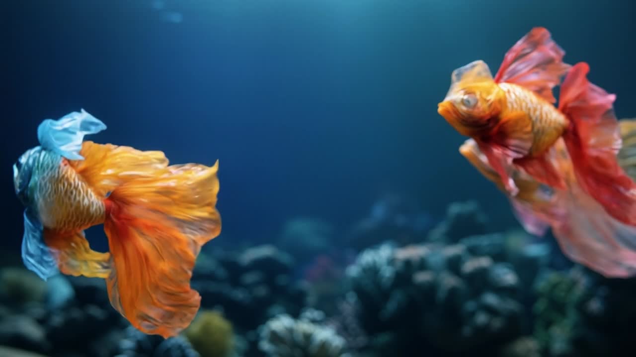 Colorful fish swimming in an aquarium. Two vibrant fish, one blue and one orange, gracefully swim through clear water surrounded by corals.