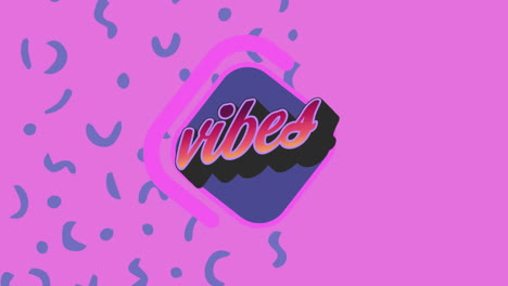 digital animation of vibes text on purple banner against abstract blue shapes on pink background