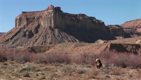 una vaca pasta en la base de una mesa en el suroeste del desierto