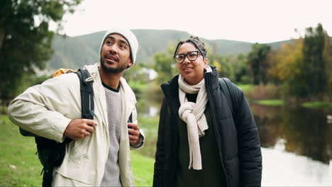 outdoor, hiking and couple of friends in nature